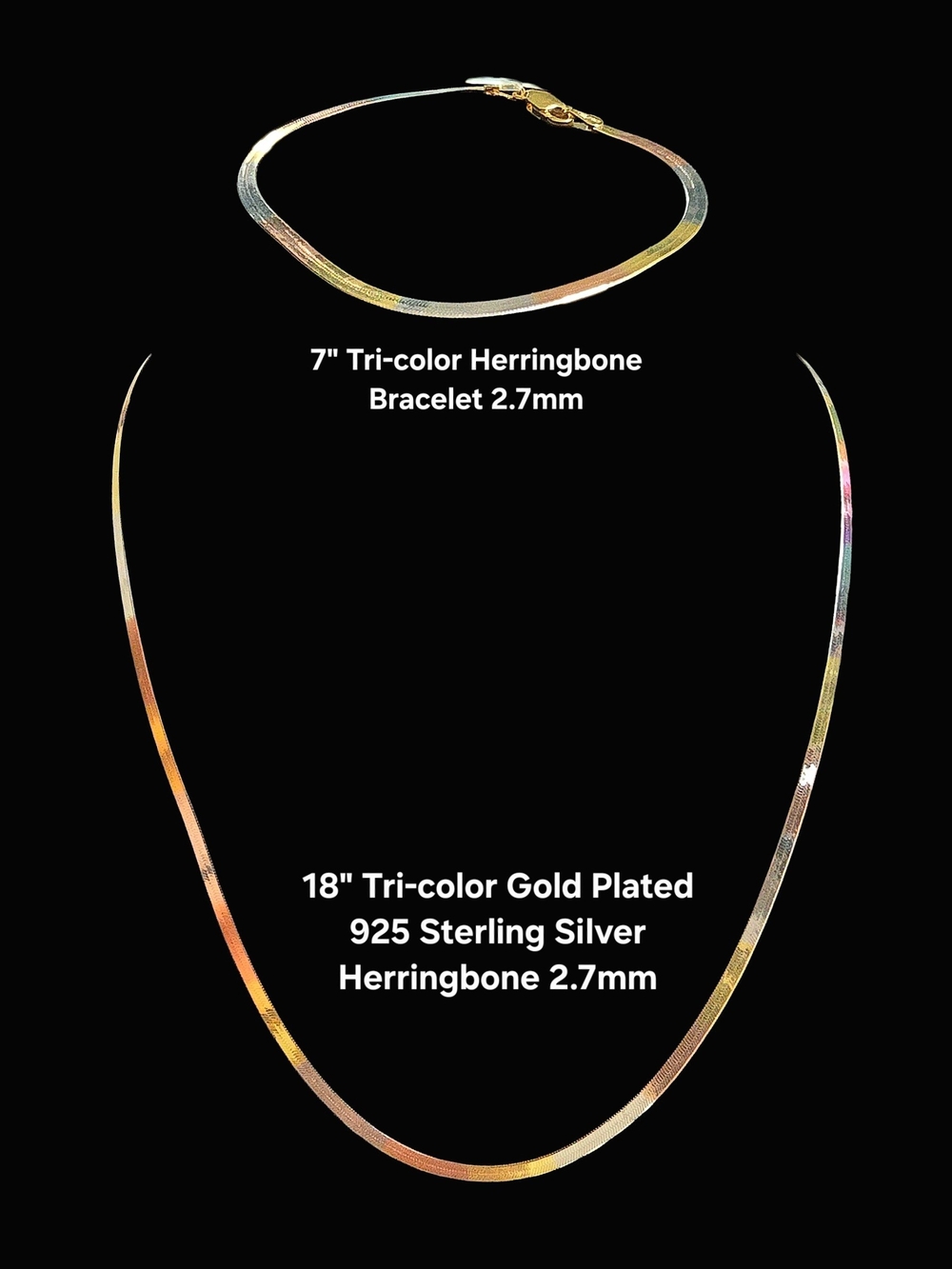 Tri-Color 925 Sterling Silver Herringbone 18" Necklace & 7" Bracelet Set